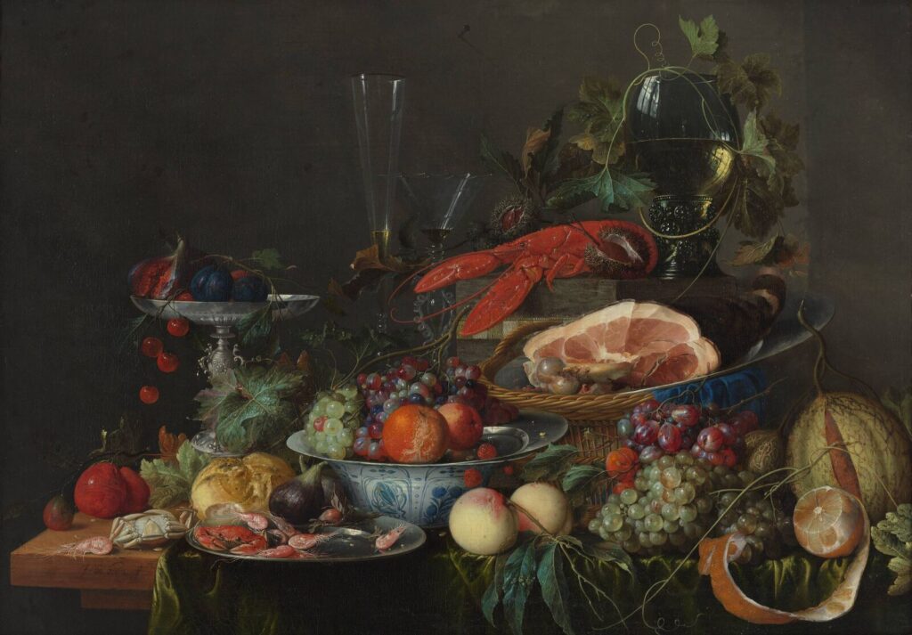 still life painting of ham lobster and fruit by de heem 1652