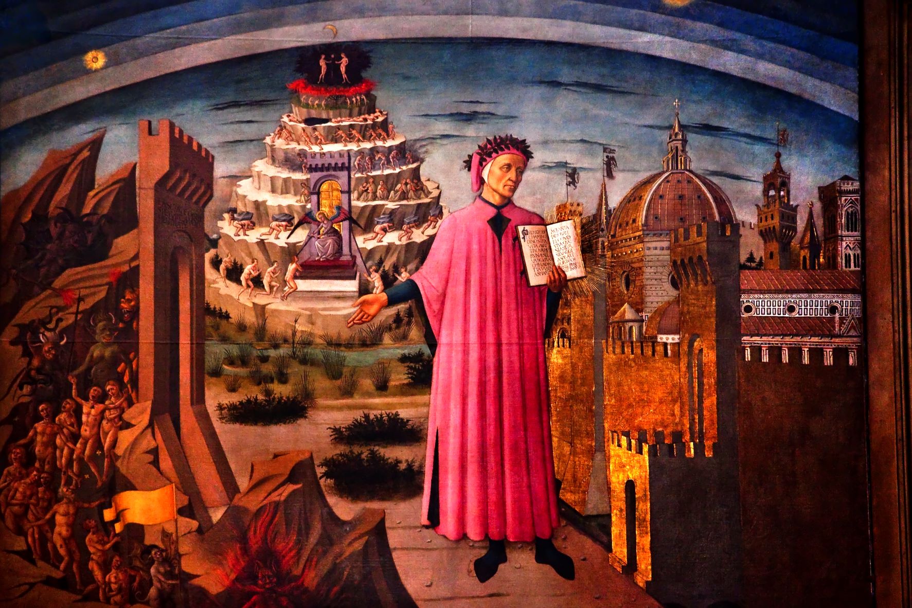 painting by domenico di michelino of dante standing with his poem before inferno, purgatory and paradise