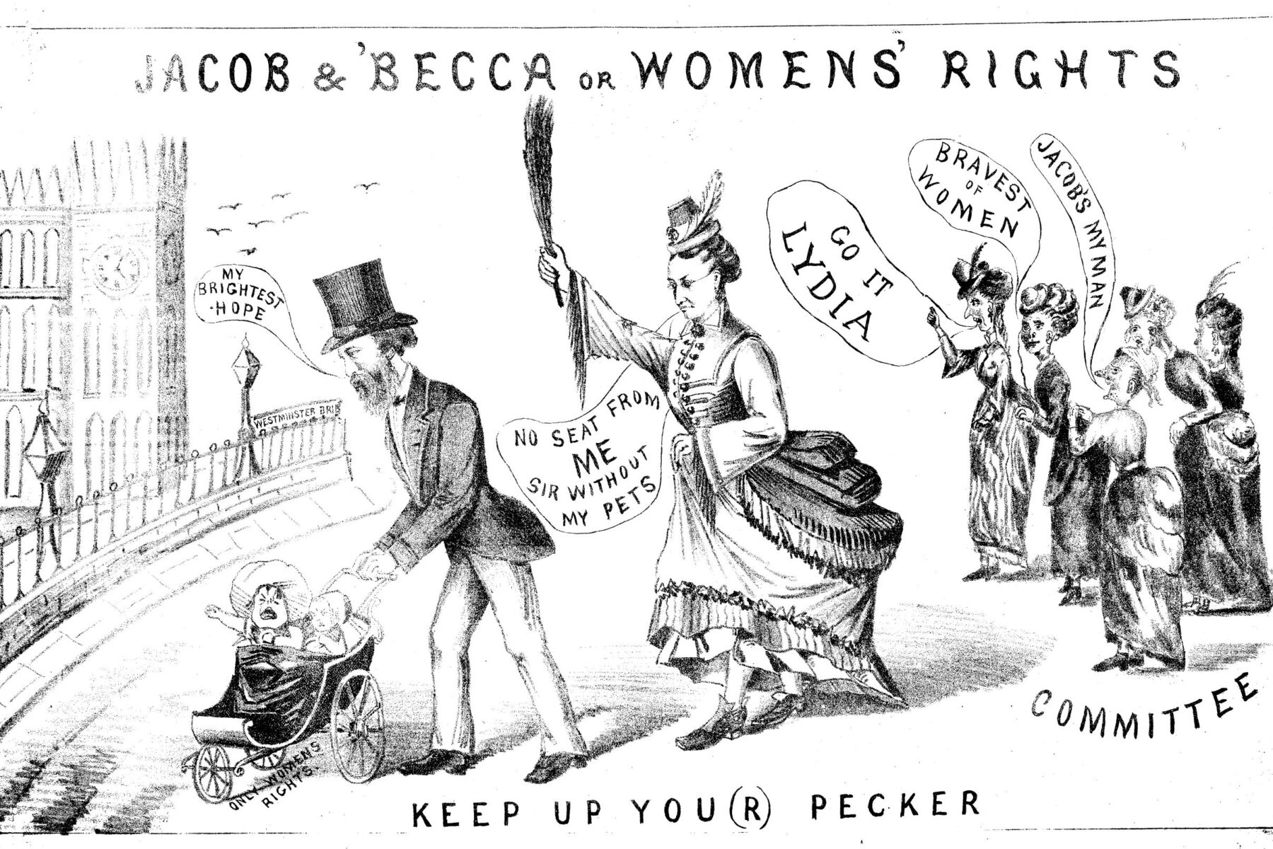 cartoon of jacob bright pushing a pram followed by lydia becker 1870