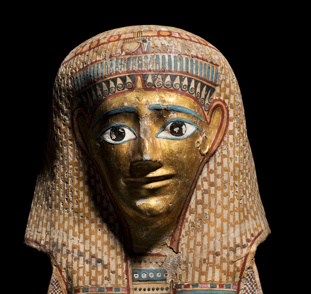 detail of gilded mummy mask from the manchester museum collection