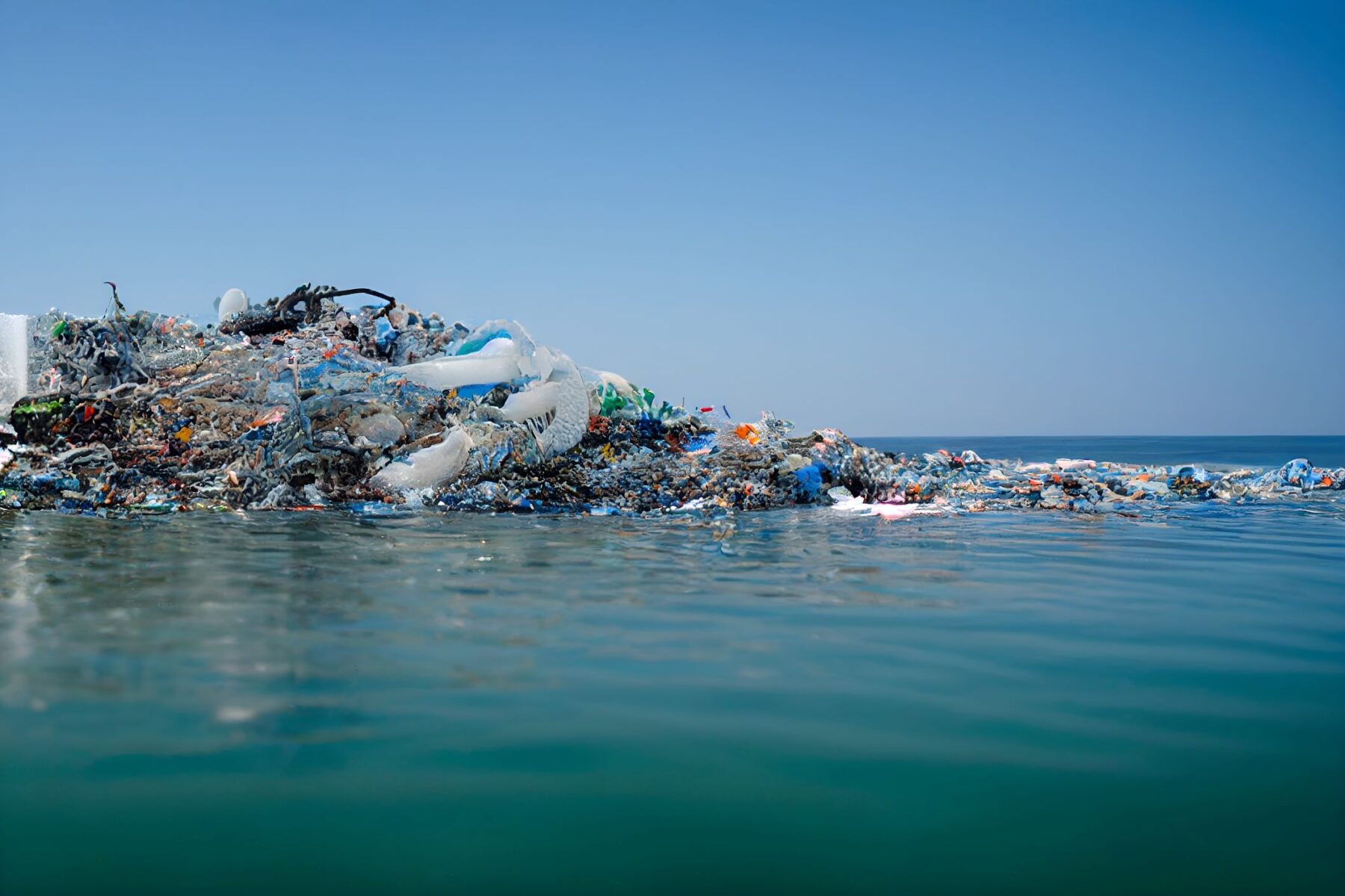 plastic waste island floating in the ocean